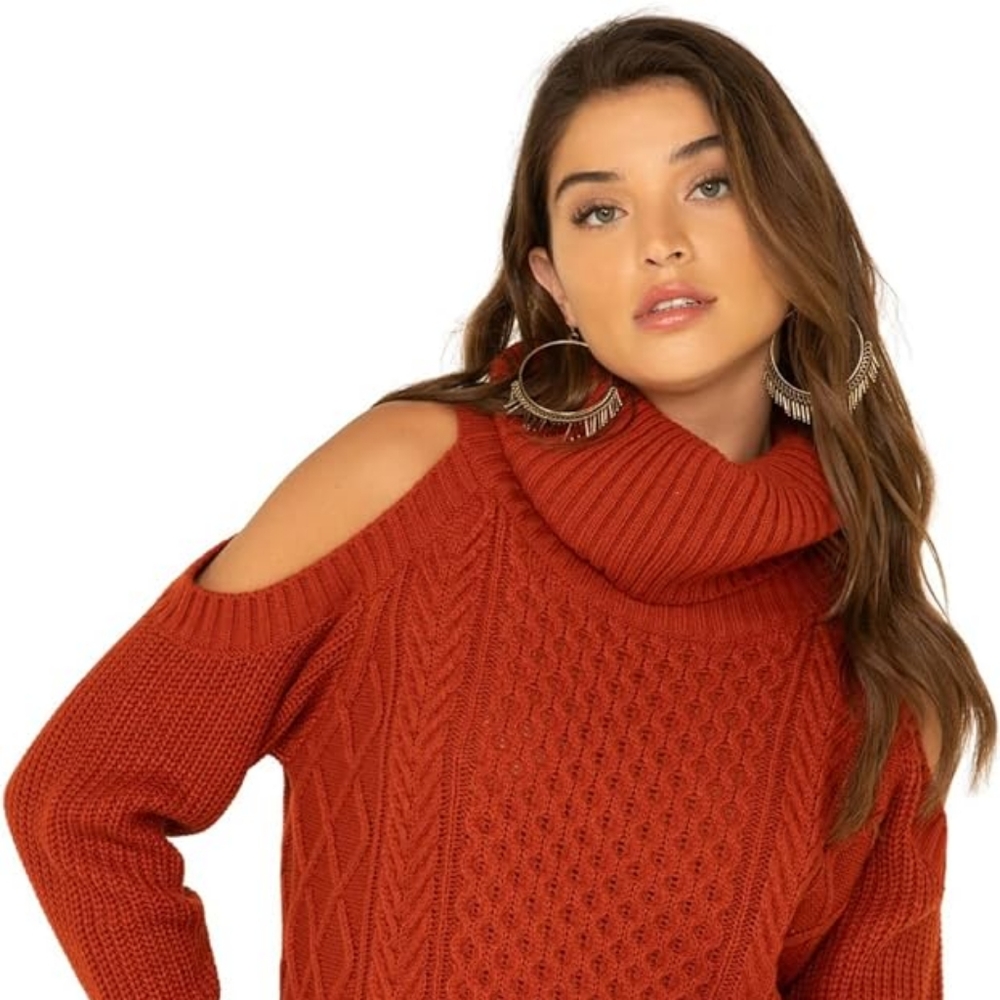 Rock & Roll Cold Shoulder Cowel Neck Sweater